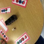 Each player has four hexagons. Players take turns rolling two dice and use the number dice to determine how many shapes and shape dice to determine which shape to use to fill their hexagons.