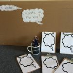 We decided to pique student interest and create a sense of wondering by placing the wagon (still in the box) out with the question inviting students to wonder what could be in the box? Clipboards and pencils and  thinking bubbles were purposely placed for students to record their wonderings. 