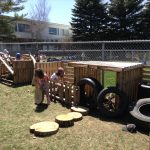 This is the area in the yard where we have some boxes made from skids, and we have tires, wood cookies and tubing for the children to use throughout the yard.  
